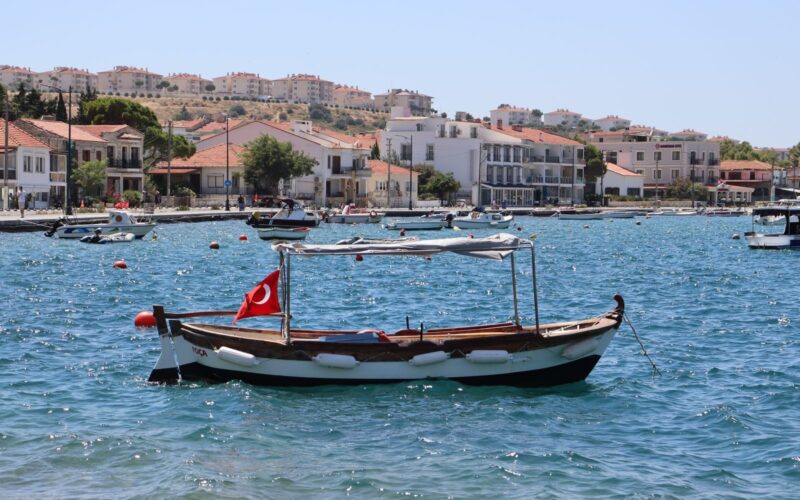 Scenic view of a Turkish harbor with traditional boats and a charming waterfront village under clear skies.