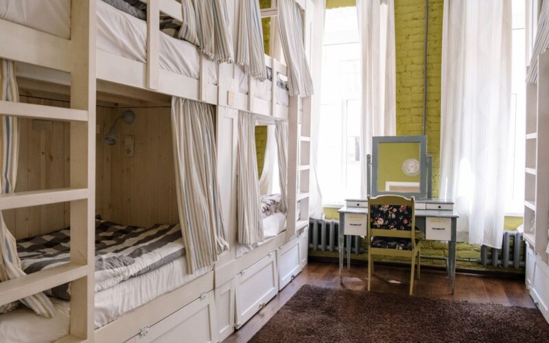 Comfortable hostel dorm room with clean bunk beds and a cozy ambiance.
