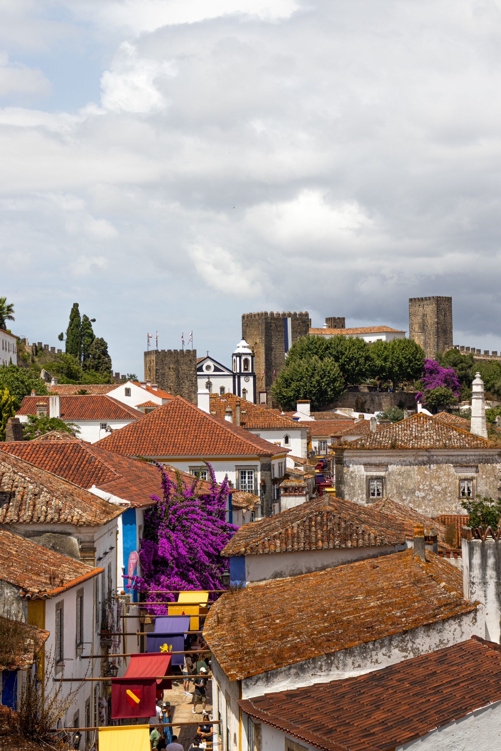Óbidos'un tarihi çatılarının ve kalesinin manzarası