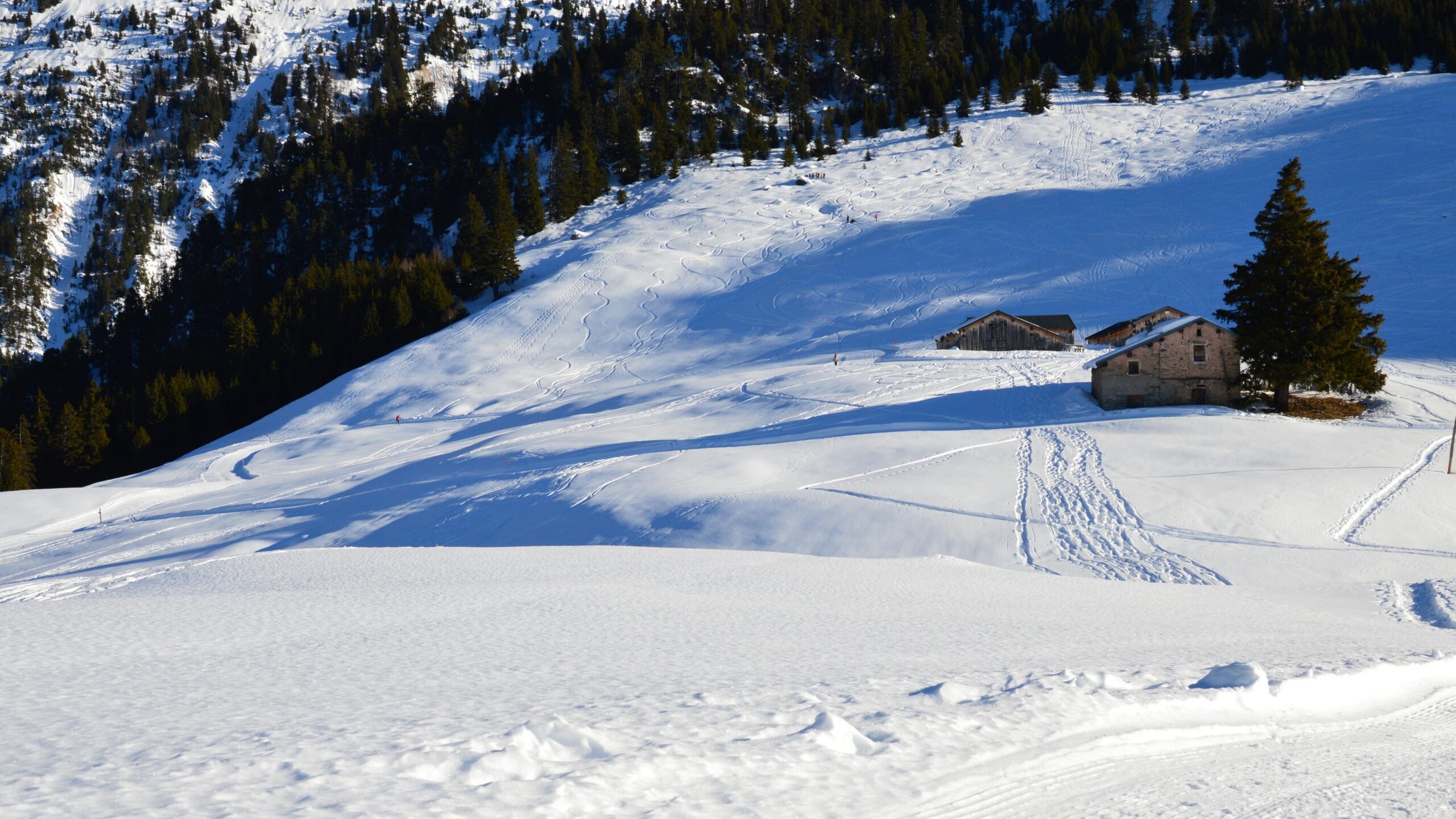 Courchevel'de karla kaplı dağ yamacında geleneksel dağ evleri