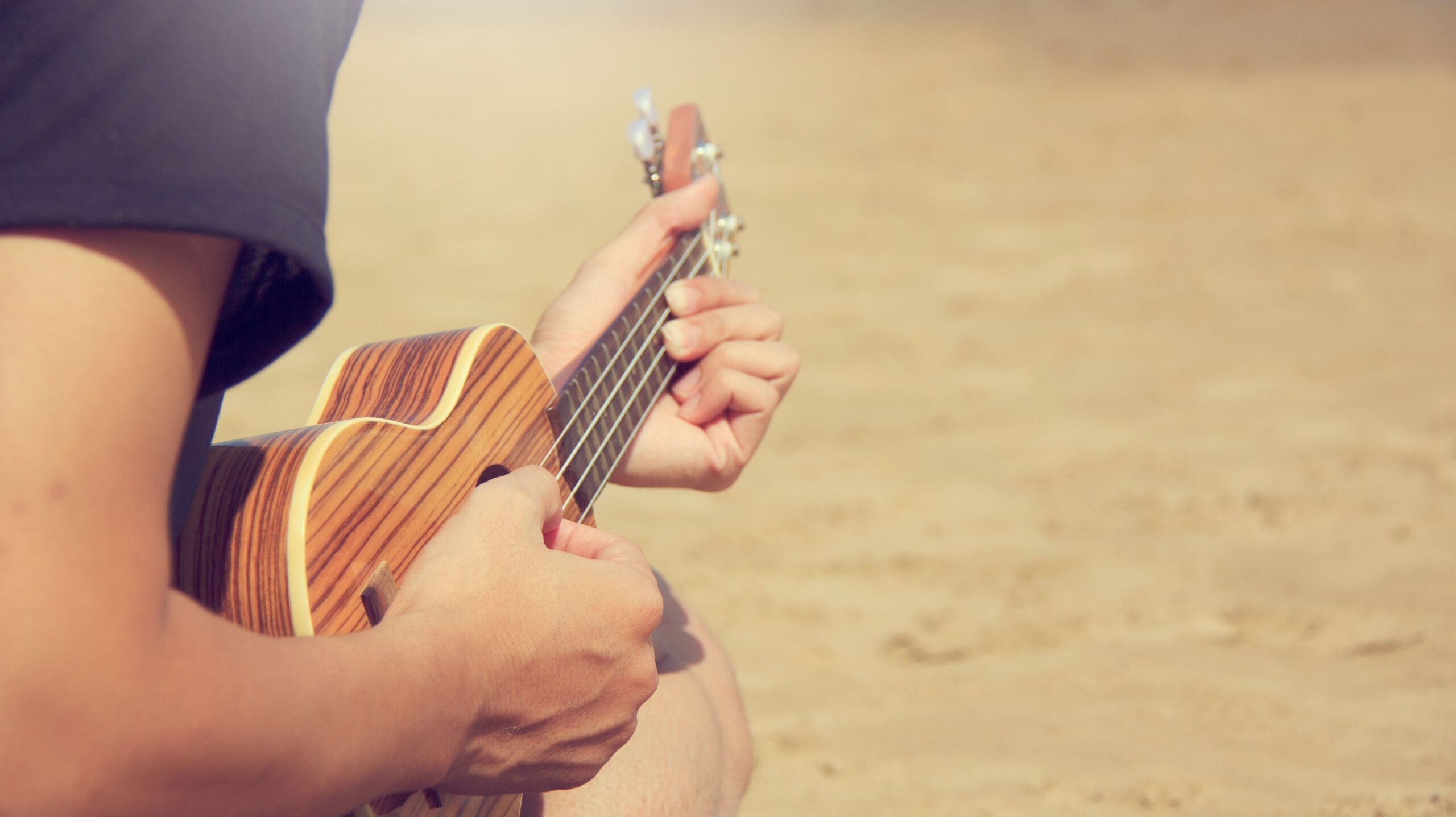 Seyahat sırasında sahilde ukulele çalan gezgin