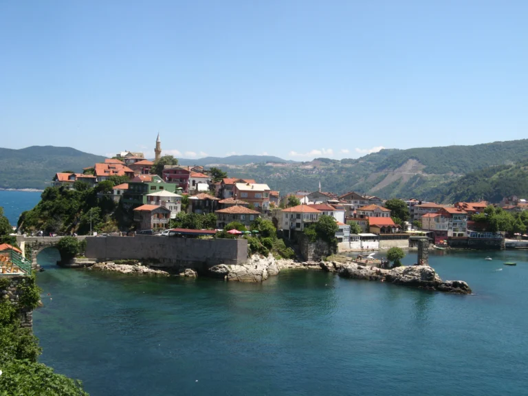 Amasra’nın iki koyu, kıyıdaki tarihî yapıları ve yeşil tepeleri gösteren liman manzarası