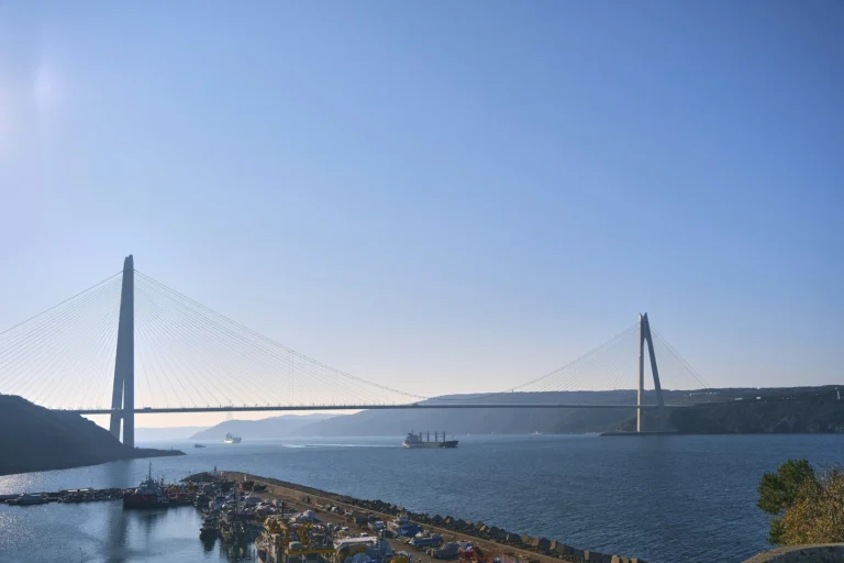İstanbul Boğazı üzerinde uzanan köprü ve çevresindeki kıyı manzarası