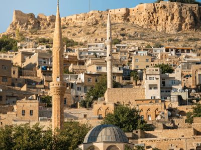 Mardin’de taş evler, minareler ve tepede tarihî kale görünümü