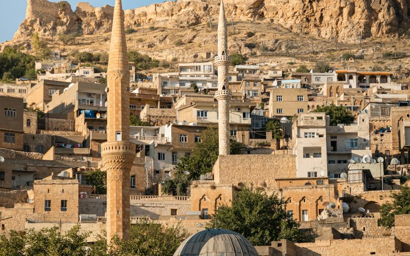 Mardin’de taş evler, minareler ve tepede tarihî kale görünümü