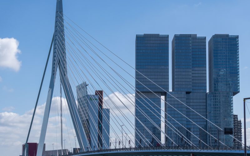 Rotterdam’da Nieuwe Maas üzerinde Erasmus Köprüsü ve modern şehir silüeti